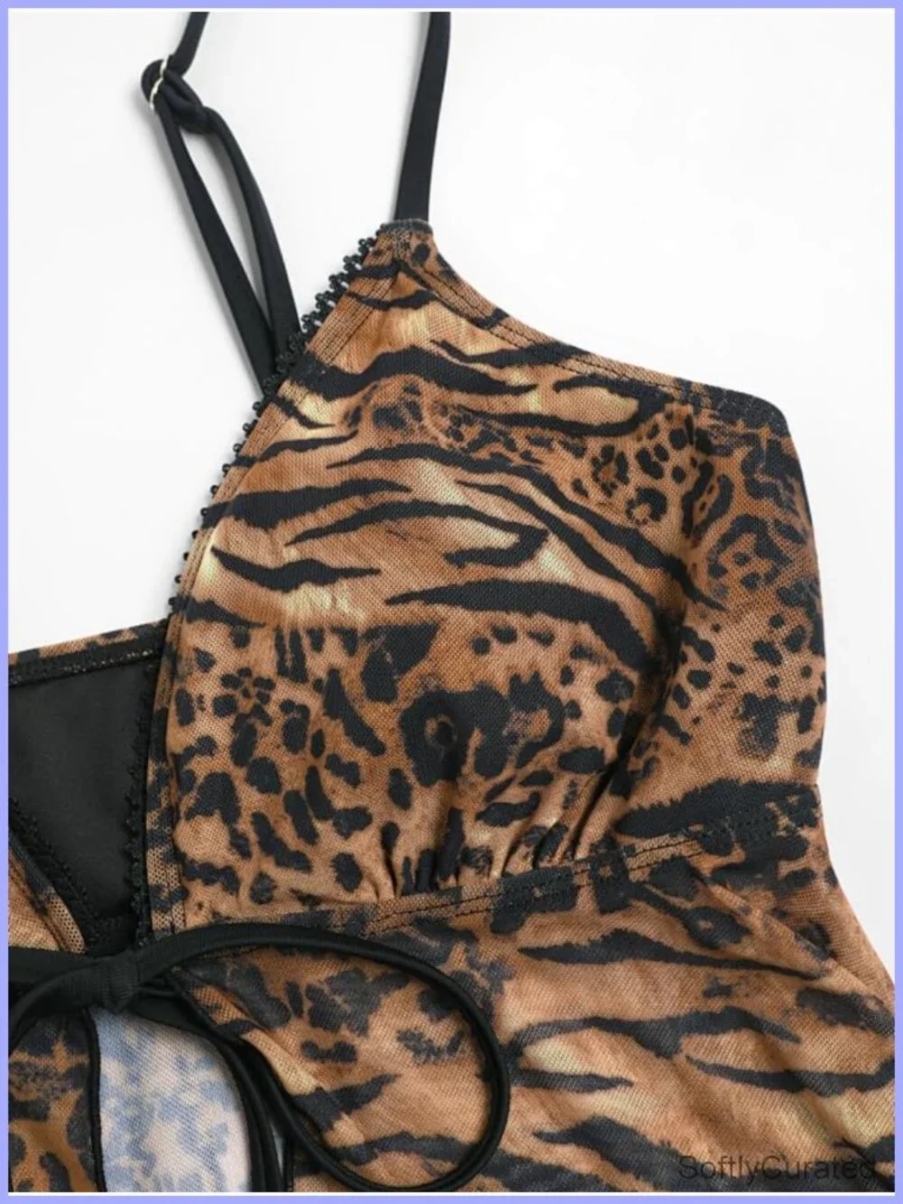 Lace Trim Tie Front High Cut Tankini Set with Removable Pads